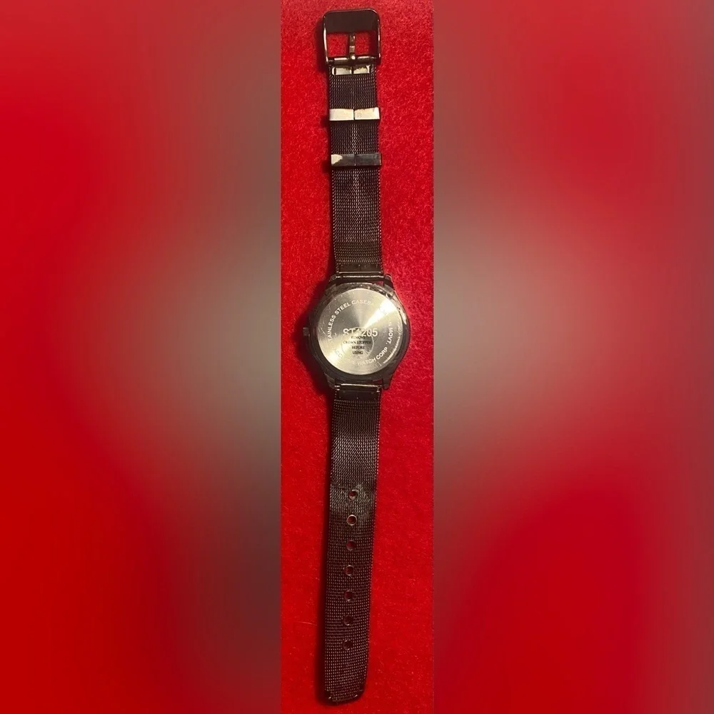 Watch Black Mesh Adjustable New Mother Of Pearl Like Face w/Rhinestones Vintage